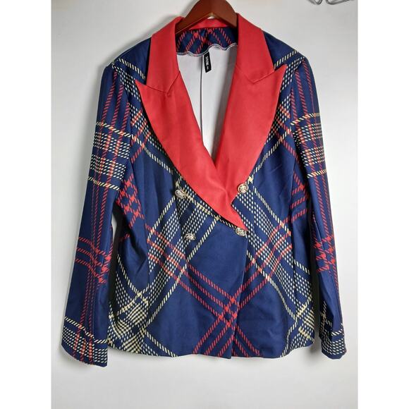 StyleWe Women’s 2XL Blazer Plaid Navy Red Contrast Lapel Double Breasted Jacket - Picture 1 of 10